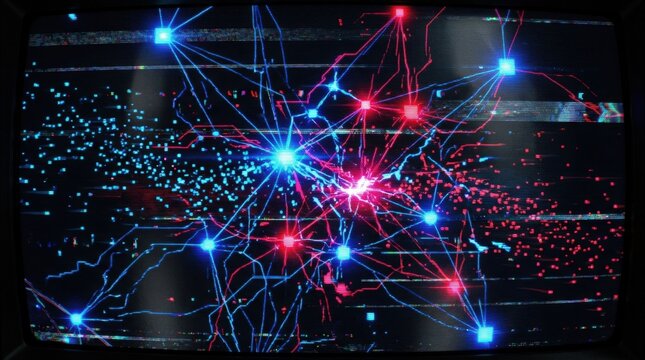 Glowing blue and red digital network nodes, pixel drift, scanline interference and retro signal chaos for electronic music flyers, cyber visuals, poster design and social media branding, vivid digital