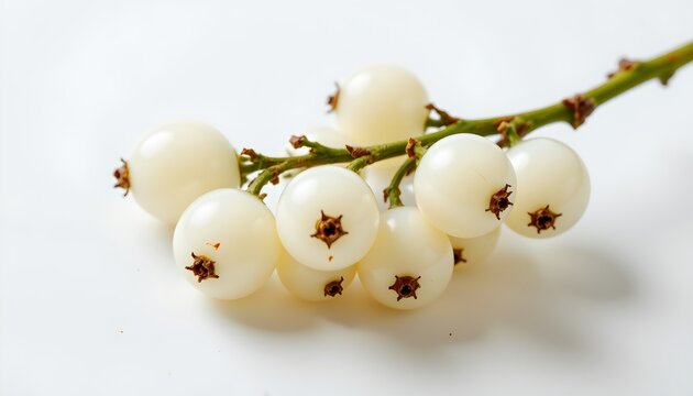 The image features a small cluster of white berries attached to a green stem. The berries are round, smooth, and uniform in size, with tiny dried caps at their tips