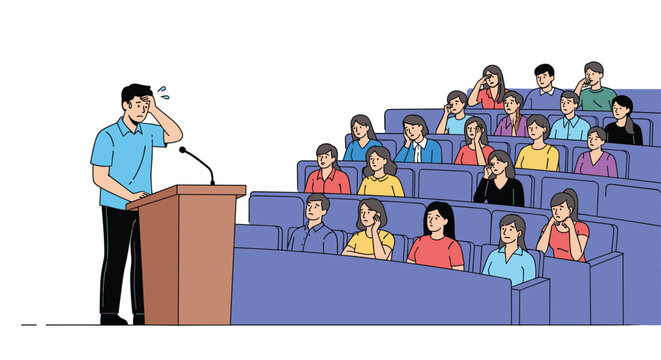 Nervous public speaker stands at a podium and feels anxious while addressing a bored and uninterested audience.