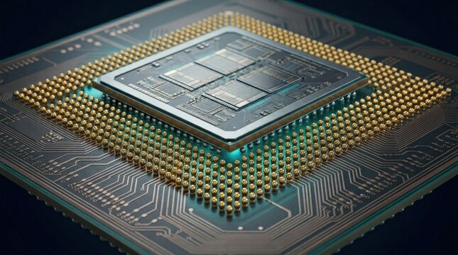 a GPU micro-bump array on a silicon interposer, showing advanced semiconductor packaging technology for AI and high-performance computing, enterprise AI, automation, dark navy background, teal cyan