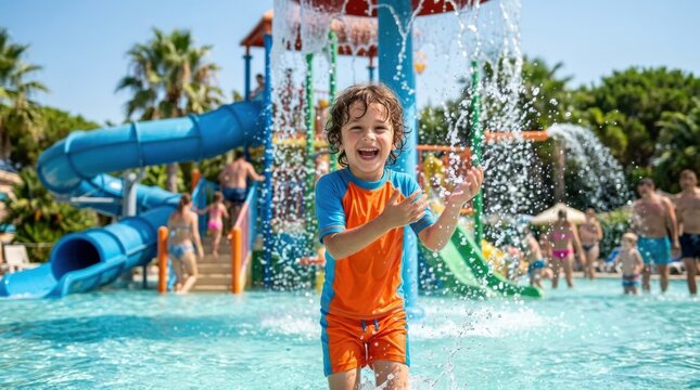Happy child playing in a waterpark, kid having fun on summer vacation with splashes, slides and cheerful leisure energy, strong commercial appeal for family travel, recreation and childhood themes,