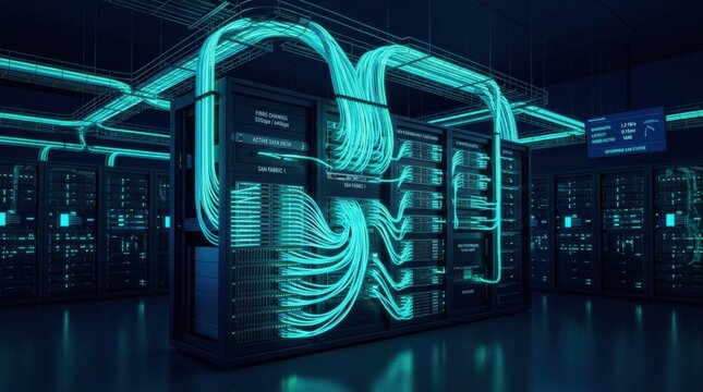 High-Speed Storage Area Network (SAN) concept. AI driven of a centralized data center with fiber optic connections for enterprise business solutions, enterprise AI, dark navy background, teal cyan