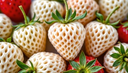 The image features a close up view of numerous strawberries, with most of them being white or pale in color, indicating they are unripe