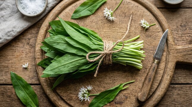 Fresh wild garlic leaves tied in bundle on wooden cutting board, green foliage representing foraged spring herbs and organic cooking concept, flat lay top view with rustic natural styling and culinary