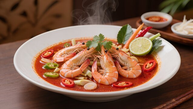Spicy shrimp soup with fresh herbs chili and lime in ceramic bowl