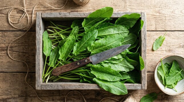 Bright green sorrel foliage displayed in wooden box with knife, healthy leafy vegetable styling with home gardening harvest theme, natural food freshness and rustic kitchen mood in top view, soft