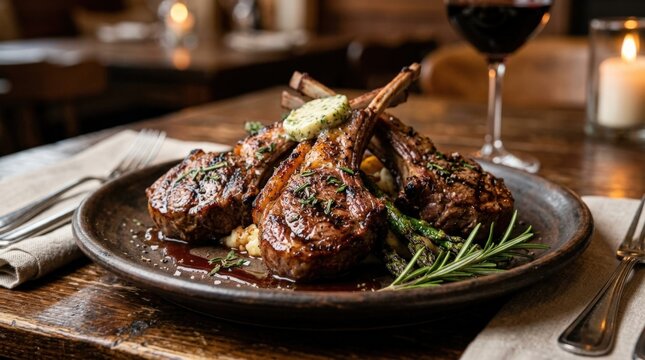 Close-up of grilled lamb chops on a plate, appetizing meat dish with rich texture and premium food styling appeal for restaurant menus, grilling and comfort dining themes, warm light, realistic
