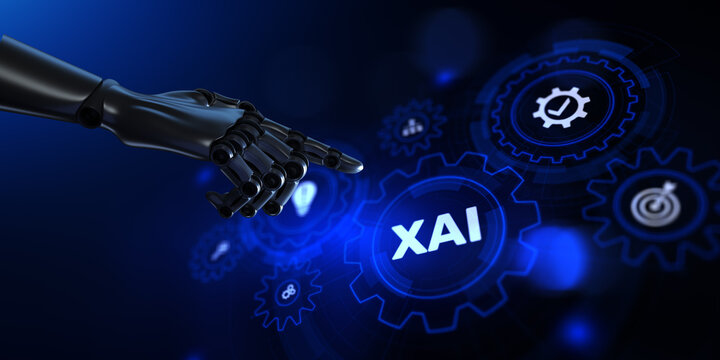 XAI Explainable Artificial Intelligence with Robotic Hand and Gear Icons Interface