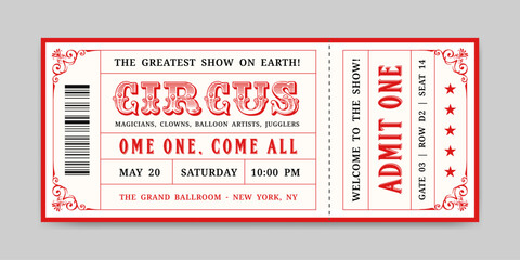 Circus ticket template. Retro carnival admission pass, Red classic show invitation, coupon design © StarTemplate