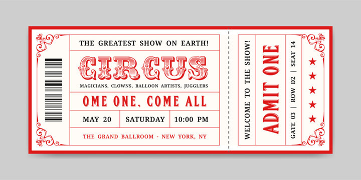 Circus ticket template. Retro carnival admission pass, Red classic show invitation, coupon design