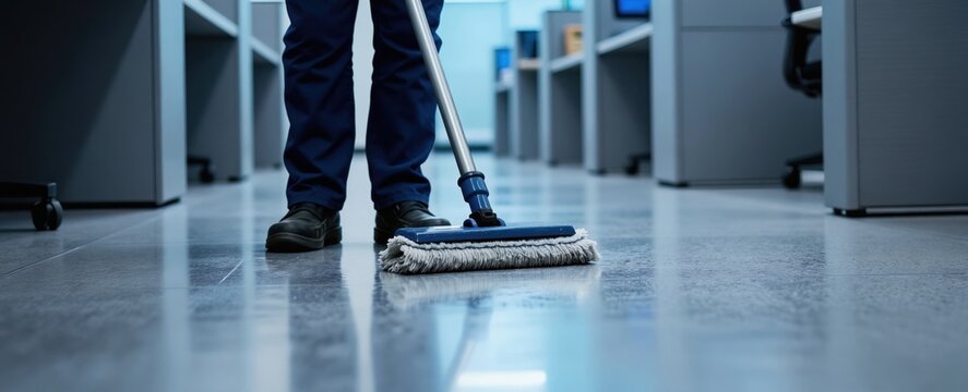 Person in blue uniform mops shiny office floor with long handled mop. Cubicles and computer monitors visible in background. Cleaning service pro at work.