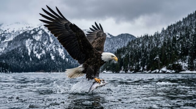 Bald eagle grabbing prey from icy water in Alaska, predatory wildlife action, winter nature, conservation and dramatic editorial concept for outdoor campaigns and environmental storytelling, powerful