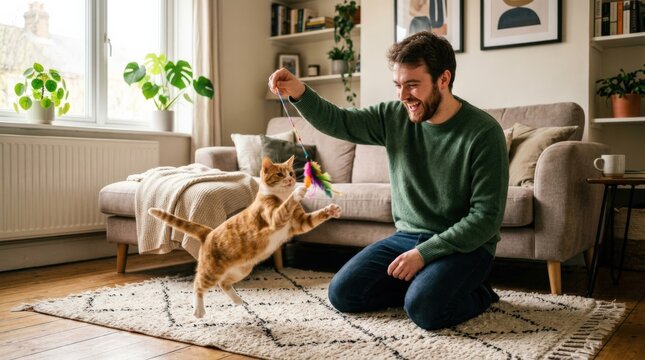 Young man playing with a cat, warm pet lifestyle scene for companionship, home comfort, joy and casual domestic bonding, candid interaction with playful energy and relatable modern atmosphere, natural