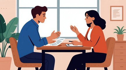 Obraz premium Man and woman sit at desk discussing documents and laptop. Business colleagues communicate in modern office, colleagues talk about work plan together and smile. Teamwork and cooperation in business.