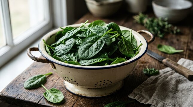 Raw baby spinach foliage arranged in vintage colander on wooden tabletop with dramatic light, clean nutrition, fresh harvest and farm to kitchen concept for healthy produce branding and rustic