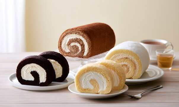  Swiss roll cakes (cocoa, Assam tea, original vanilla) in a clean, structured product composition