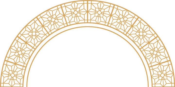 Traditional arabic muslim oriental gold decorative elements. Arabic mosque, arch, hookah, eastern lantern, patterned borders vector illustration set. Oriental arabic symbols