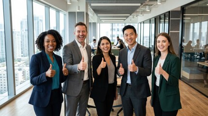 Obraz premium Business team giving thumbs up in a modern office showing confidence, success, teamwork and positive workplace culture in a polished corporate environment, clean composition, natural light,