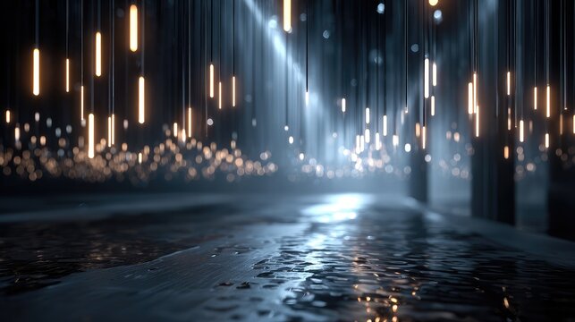 Modern abstract interior featuring glowing vertical led light tubes suspended above a reflective wet surface creating a futuristic atmosphere for digital backgrounds