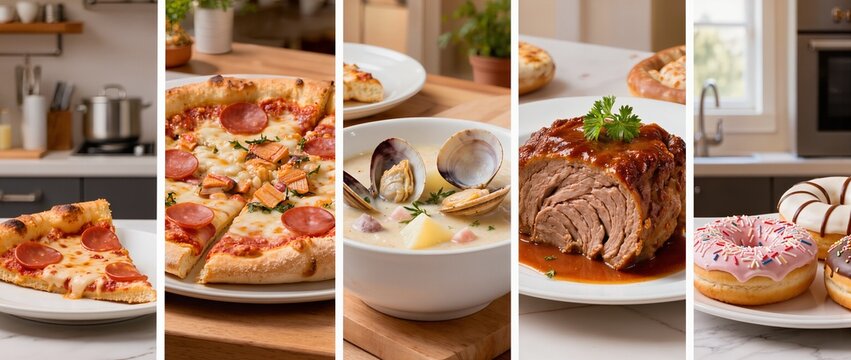 Variety of savory and sweet dishes including pizza, clam chowder, roast beef, and donuts
