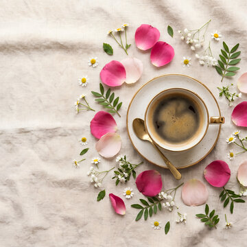 Coffee cup with rose petals and wildflowers, flat lay on linen