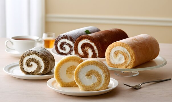  Swiss roll cakes (cocoa, Assam tea, original vanilla) in a clean, structured product composition