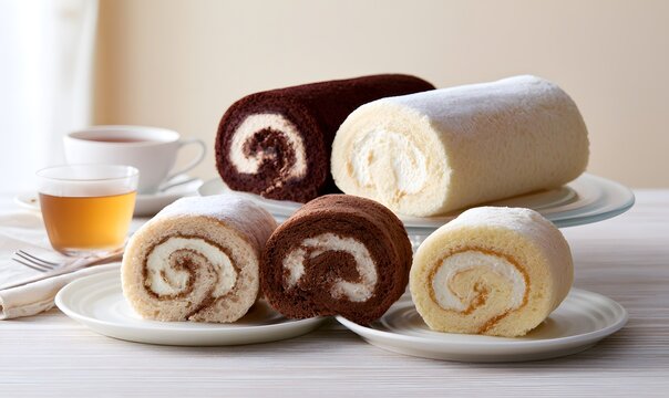  Swiss roll cakes (cocoa, Assam tea, original vanilla) in a clean, structured product composition