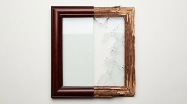 Classic wooden picture frame showing perfect and broken conditions.