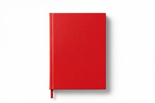 Closed red notebook with blank cover and ribbon bookmark. Hardcover book rests on white surface. Minimalist design for writing notes or journaling.
