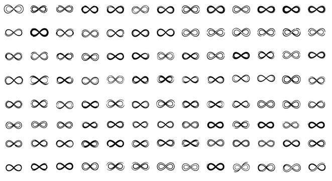 Seamless black and white pattern of various hand-drawn infinity symbols with different thicknesses and artistic styles.