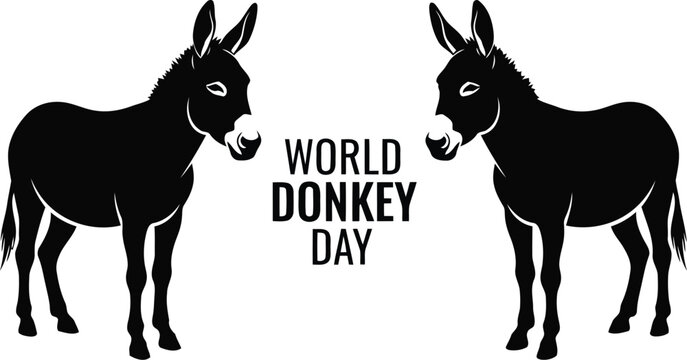 Two cute black donkey silhouettes standing facing each other for a creative World Donkey Day celebration card design