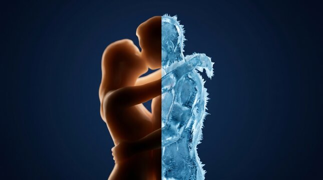 Emotional contrast: warm human embrace splits into cold, frozen ice figures.