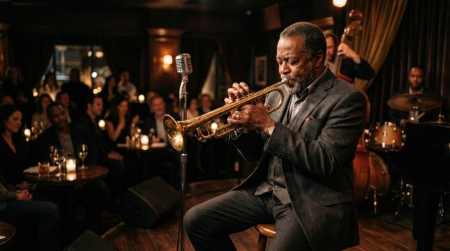 Trumpet in jazz style, elegant musical instrument scene with soulful performance mood, strong appeal for live music, culture and entertainment themes, polished brass detail and timeless atmosphere