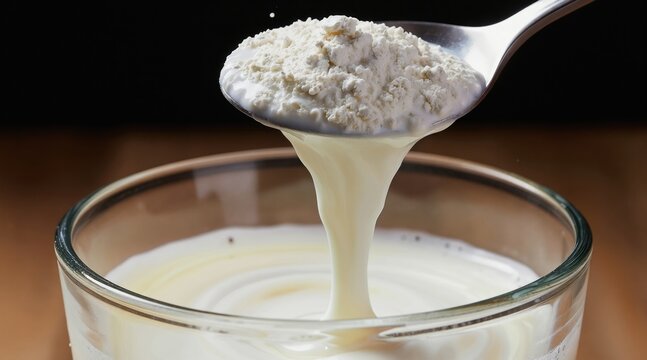 Powdered milk mixes with warm water in glass. Spoon pours dry ingredient creating creamy liquid. Making drink or recipe ingredient preparation.