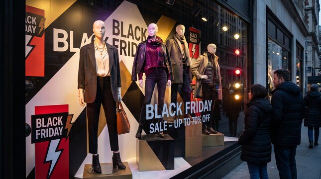 Black Friday sale display with mannequins in retail window showcase  