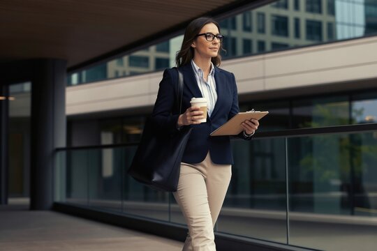 Professional woman walks near modern office building with coffee cup and clipboard. Confident lady in smart casual wear heading to work, busy city life concept.