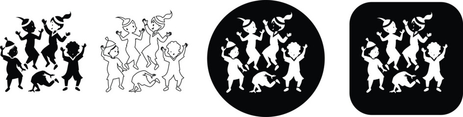 Obraz premium Group of silhouetted children dancing and playing joyfully with arms raised in celebration keywords