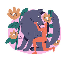 Naklejka premium Woman and wolf. Girl in wild nature taming predator. Female mowgli and untamed animal, beast. Primal inner instinct, psychological concept. Flat vector illustration isolated on white background