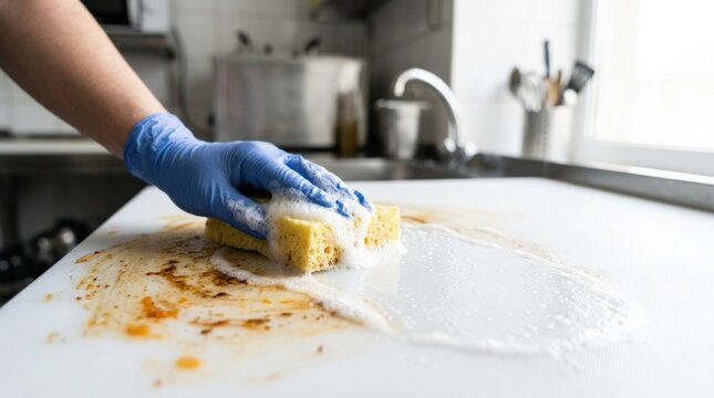 A sponge with soap suds removes greasy stains from a plastic surface, leaving a clean area. Concept of kitchen cleaning and hygiene, clean commercial concept, strong stock usability, natural light,