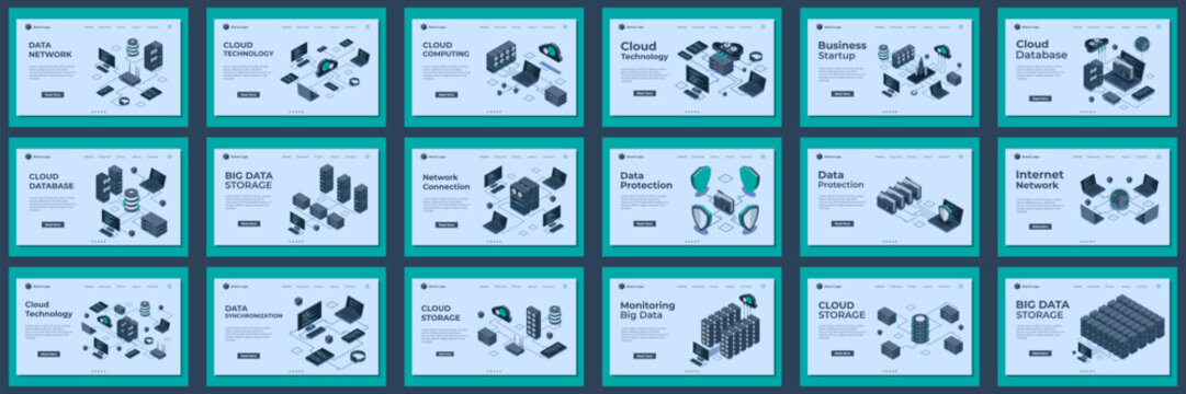 Large set of isometric landing page template. Modern technology concept for cloud technology, web hosting, and networking. Isometric technology
