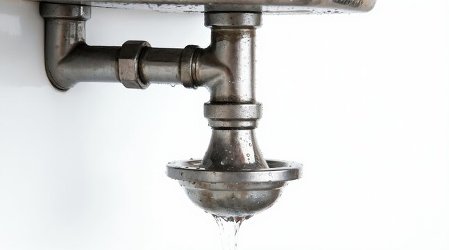 Stainless steel pipes under sink with water dripping. Close up view of leaky plumbing under white background. Drainage pipe issue needs repair.