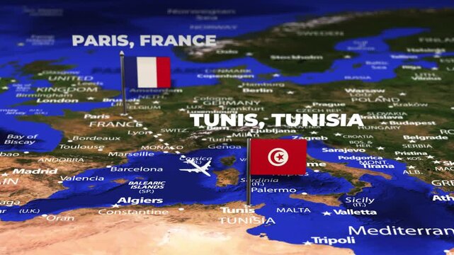 Flight From Paris FRANCE to Tunis TUNISIA with flag pins