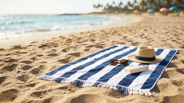 Beach towel spread on hot sand with generous copy space, summer vacation relaxation and sunbathing concept for product placement, resort branding and seasonal advertising, blurred shoreline, warm