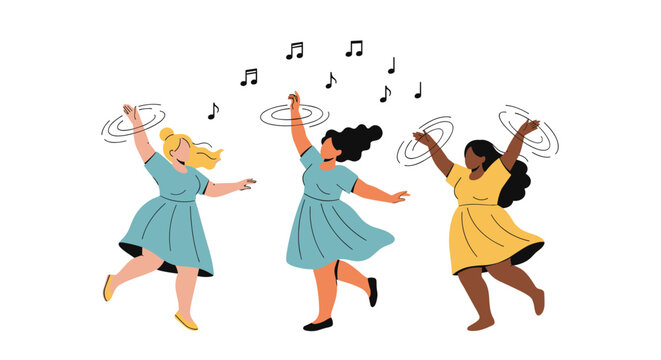Three diverse women in dresses dancing joyfully together with musical notes floating in the air on white background.