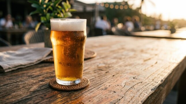 Cold beer on rustic wooden table with inviting copy space, refreshing beverage mockup for brewery branding, summer bar campaigns and relaxed outdoor dining visuals, inspired by Glass of cold beer on