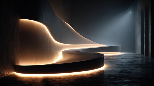 Modern minimalist interior design featuring glowing curved led strip lighting on dark textured walls in a futuristic architectural space with soft ambient shadows