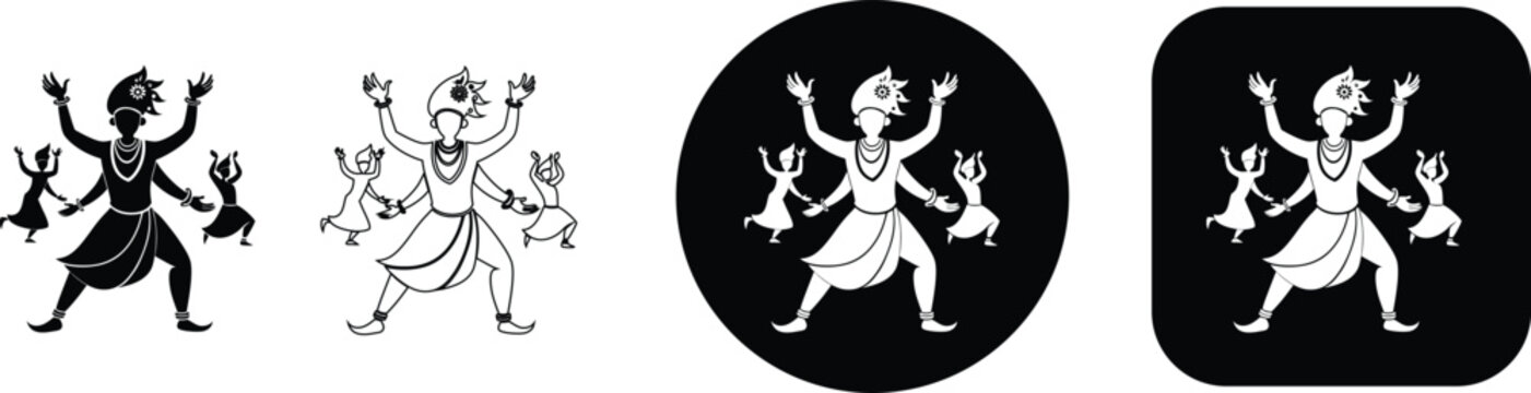 Silhouette and outline of a multi-armed deity or mythical figure with attendants, in formats keywords