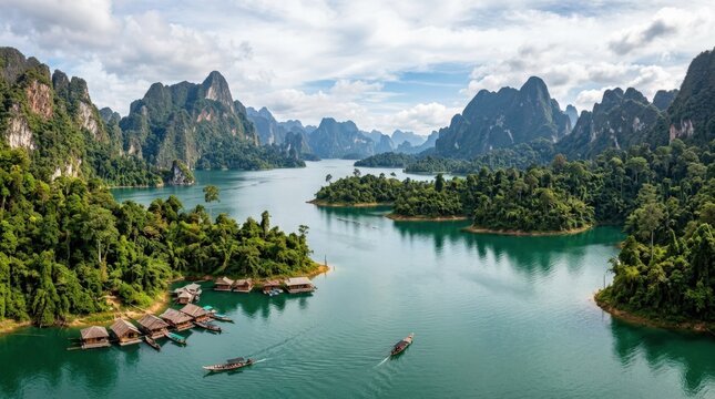 Panorama landscape of mountains and water at Ratchaprapha Dam in Khao Sok National Park Surat Thani Thailand, wide scenic destination view with tropical nature depth, polished photoreal finish, no