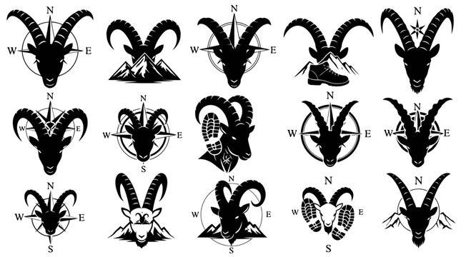 Collection of various goat head silhouettes with compass directions.