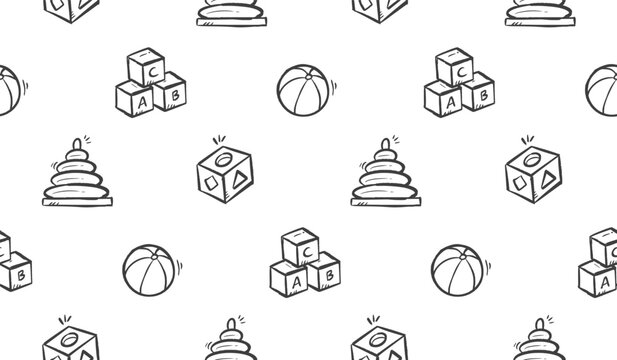 Children toys doodle background. Kid toys pattern background.  Montessori games education seamless pattern. Preschool puzzle shape game hand drawn pattern with blocks, ball, stacking ring.
